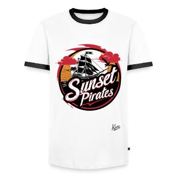 Le bateau des pirates du coucher du soleil : Voile - T-shirt contrasté Homme - blanc/noir - Devant - AI Model Female 172 light (172cm) & AI Model Male 178 dark (178cm)
