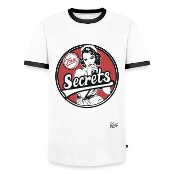 Retro Vintage: Frau mit Wahren Geheimnissen - Männer Kontrast-T-Shirt - Weiß/Schwarz - Vorne - AI Model Female 172 light (172cm) & AI Model Male 178 dark (178cm)