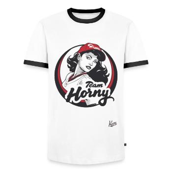 Team Horny baseball player - Men's Ringer Shirt - white/black - Front - AI Model Female 172 light (172cm) & AI Model Male 178 dark (178cm)
