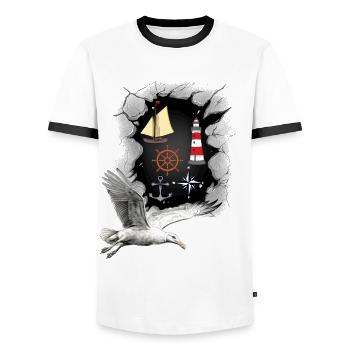 North Sea Lighthouse Lighthouses Seagulls Maritime Ship - Men's Ringer Shirt - white/black - Front - AI Model Female 172 light (172cm) & AI Model Male 178 dark (178cm)