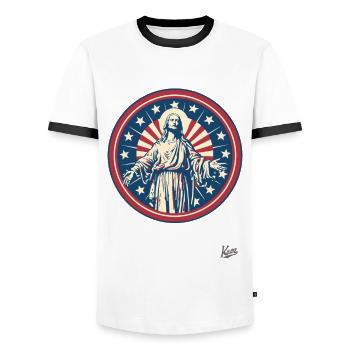 Patriotic American Jesus - Men's Ringer Shirt - white/black - Front - AI Model Female 172 light (172cm) & AI Model Male 178 dark (178cm)