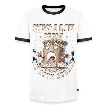 Capsule Fruit Allergy Seeds Sees Me We Both Scream - Men's Ringer Shirt - white/black - Front - AI Model Female 172 light (172cm) & AI Model Male 178 dark (178cm)