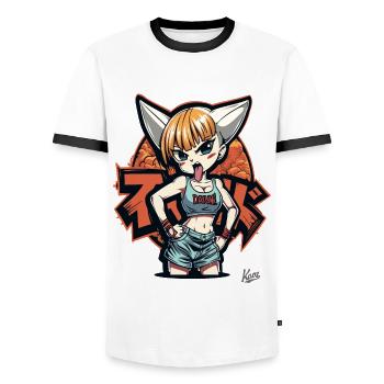 Cartoon freches Mädchen sagt: "Dayum!" Verdammt! - Männer Kontrast-T-Shirt - Weiß/Schwarz - Vorne - AI Model Female 172 light (172cm) & AI Model Male 178 dark (178cm)