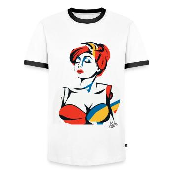 Abstract Art Portrait of a Woman - Men's Ringer Shirt - white/black - Front - AI Model Female 172 light (172cm) & AI Model Male 178 dark (178cm)