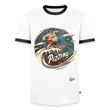 Großer Surfer-Typ surft auf einer Pizza-Welle - Männer Kontrast-T-Shirt - Weiß/Schwarz - Vorne - AI Model Female 172 light (172cm) & AI Model Male 178 dark (178cm)