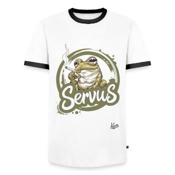 A cool smoking frog says: Servus - Men's Ringer Shirt - white/black - Front - AI Model Female 172 light (172cm) & AI Model Male 178 dark (178cm)