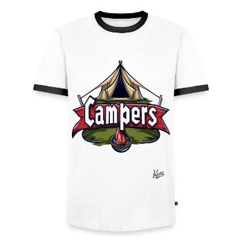 Campfire and Tent: Camper Adventure - Men's Ringer Shirt - white/black - Front - AI Model Female 172 light (172cm) & AI Model Male 178 dark (178cm)