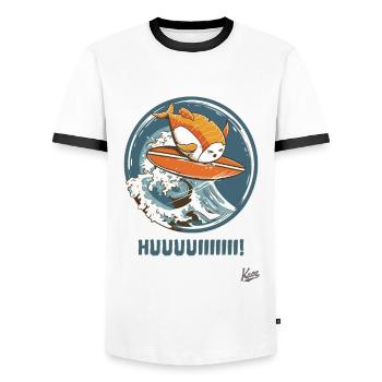 Lustiger Sushi-Fisch surft auf einer Welle - Männer Kontrast-T-Shirt - Weiß/Schwarz - Vorne - AI Model Female 172 light (172cm) & AI Model Male 178 dark (178cm)