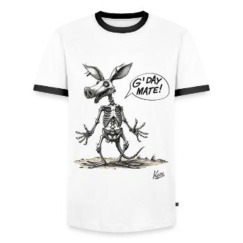 Australian Pig Kangaroo Skeleton: G'Day Mate - Men's Ringer Shirt - white/black - Front - AI Model Female 172 light (172cm) & AI Model Male 178 dark (178cm)