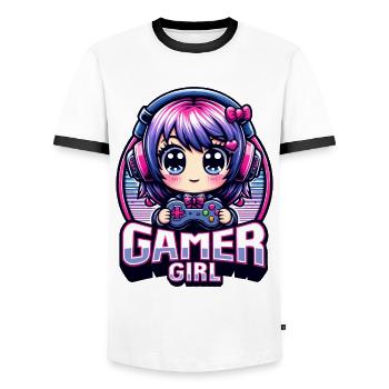 Gamer Girl. kawaii illustration, gaming, gamer, - Men's Ringer Shirt - white/black - Front - AI Model Female 172 light (172cm) & AI Model Male 178 dark (178cm)