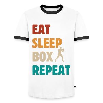 Eat Sleep Box Repeat - Boxer Martial Arts Saying - Men's Ringer Shirt - white/black - Front - AI Model Female 172 light (172cm) & AI Model Male 178 dark (178cm)