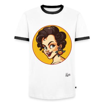 La douce beauté : une femme de dessin animé rétro avec une touche d’originalité - T-shirt contrasté Homme - blanc/noir - Devant - AI Model Female 172 light (172cm) & AI Model Male 178 dark (178cm)