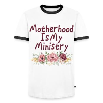 Mom Life Mom Motherhood Is My Ministry - Men's Ringer Shirt - white/black - Front - AI Model Female 172 light (172cm) & AI Model Male 178 dark (178cm)