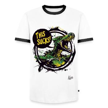 Un dragon en colère et agacé dit : C’est de la merde - T-shirt contrasté Homme - blanc/noir - Devant - AI Model Female 172 light (172cm) & AI Model Male 178 dark (178cm)