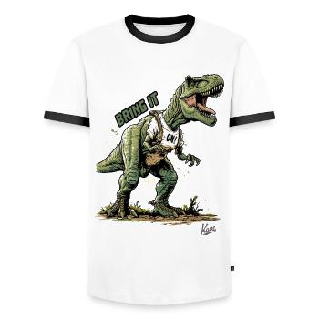 Dinosaure Rex géant : Dino, allez ! - T-shirt contrasté Homme - blanc/noir - Devant - AI Model Female 172 light (172cm) & AI Model Male 178 dark (178cm)