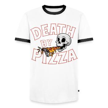 Humorous Skull Eating Pizza Funny Graphic - Men's Ringer Shirt - white/black - Front - AI Model Female 172 light (172cm) & AI Model Male 178 dark (178cm)