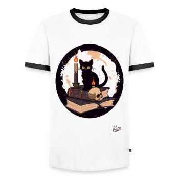 Zauberbuch und Schwarze Katze: Lesen und Bücher - Männer Kontrast-T-Shirt - Weiß/Schwarz - Vorne - AI Model Female 172 light (172cm) & AI Model Male 178 dark (178cm)