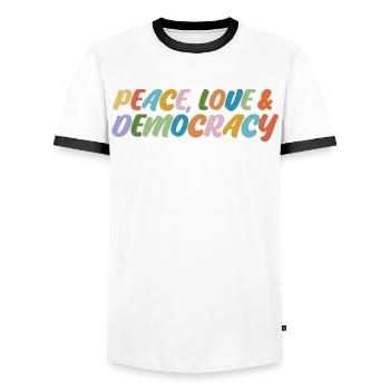 Democratic Elections Democracy - Men's Ringer Shirt - white/black - Front - AI Model Female 172 light (172cm) & AI Model Male 178 dark (178cm)