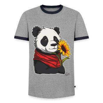 Super friendly, cute panda with sunflower - Men's Ringer Shirt - grey/navy  - Front - AI Model Female 172 light (172cm) & AI Model Male 178 light (178cm)