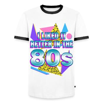 Retro 1980 80s - Männer Kontrast-T-Shirt - Weiß/Schwarz - Vorne - AI Model Female 172 light (172cm) & AI Model Male 178 dark (178cm)