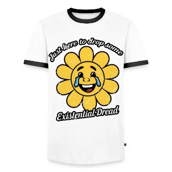 Juste ici pour laisser tomber un peu d’angoisse existentielle en souriant - T-shirt contrasté Homme - blanc/noir - Devant - AI Model Female 172 light (172cm) & AI Model Male 178 dark (178cm)