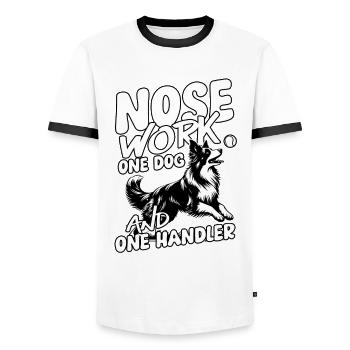 Flyball Border Collie Nose Work - Men's Ringer Shirt - white/black - Front - AI Model Female 172 light (172cm) & AI Model Male 178 dark (178cm)