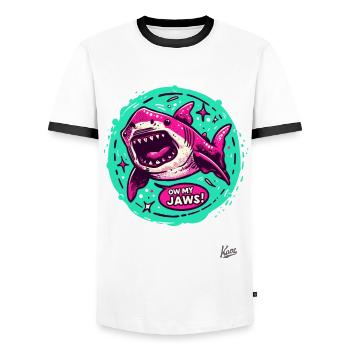 green pink shark, Oh my teeth - Men's Ringer Shirt - white/black - Front - AI Model Female 172 light (172cm) & AI Model Male 178 dark (178cm)
