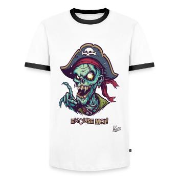 French Pirate Zombie: Excuse Moi - Men's Ringer Shirt - white/black - Front - AI Model Female 172 light (172cm) & AI Model Male 178 dark (178cm)