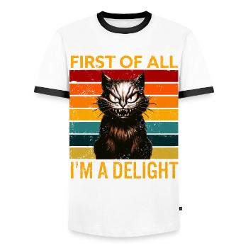 First Of All I'm A Delight Angry Cat Humor - Men's Ringer Shirt - white/black - Front - AI Model Female 172 light (172cm) & AI Model Male 178 dark (178cm)