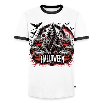 Halloween 2024 with the Grim Reaper - Men's Ringer Shirt - white/black - Front - AI Model Female 172 light (172cm) & AI Model Male 178 dark (178cm)