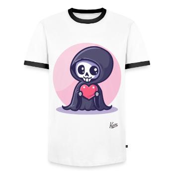 Kawaii cute happy Grim Reaper with heart and love - Men's Ringer Shirt - white/black - Front - AI Model Female 172 light (172cm) & AI Model Male 178 dark (178cm)