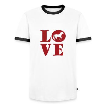 J’aime les chevaux - T-shirt contrasté Homme - blanc/noir - Devant - AI Model Female 172 light (172cm) & AI Model Male 178 dark (178cm)