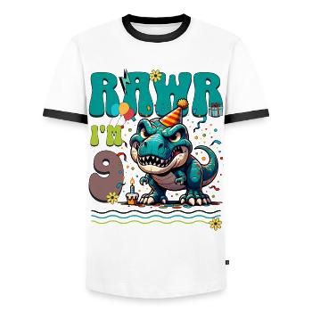 9ème anniversaire Rawr T Rex Dinosaure - T-shirt contrasté Homme - blanc/noir - Devant - AI Model Female 172 light (172cm) & AI Model Male 178 dark (178cm)