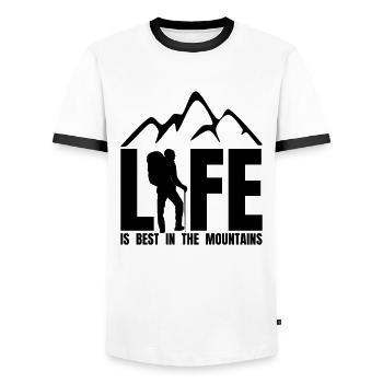 LIFE IS BEST IN THE MOUNTAINS - Berge Wandern - Männer Kontrast-T-Shirt - Weiß/Schwarz - Vorne - AI Model Female 172 light (172cm) & AI Model Male 178 dark (178cm)
