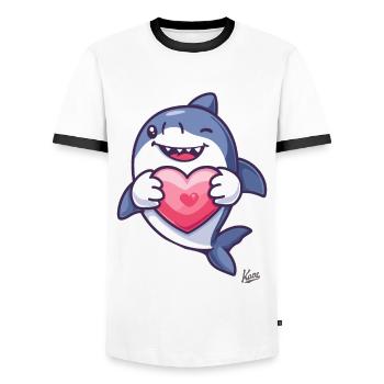 Mignon requin heureux avec un cœur pour l’amour - T-shirt contrasté Homme - blanc/noir - Devant - AI Model Female 172 light (172cm) & AI Model Male 178 dark (178cm)