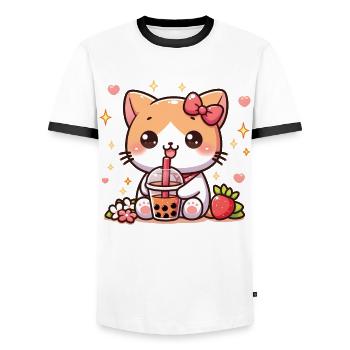 Bubble Tea Boba Milch Kawaii Anime Neko Katze - Männer Kontrast-T-Shirt - Weiß/Schwarz - Vorne - AI Model Female 172 light (172cm) & AI Model Male 178 dark (178cm)