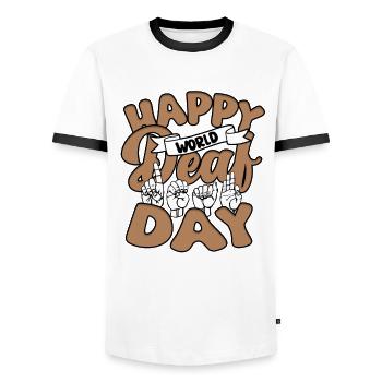 ASL Dolmetscher Happy World Deaf Day - Männer Kontrast-T-Shirt - Weiß/Schwarz - Vorne - AI Model Female 172 light (172cm) & AI Model Male 178 dark (178cm)