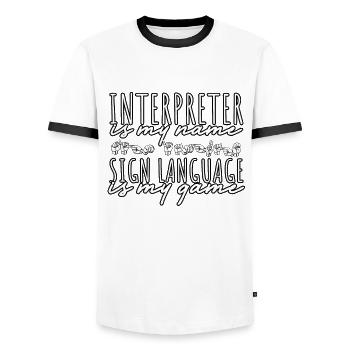 ASL Sign Language Interpreter - Men's Ringer Shirt - white/black - Front - AI Model Female 172 light (172cm) & AI Model Male 178 dark (178cm)