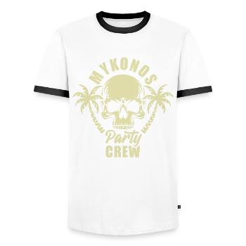 Mykonos Party Crew - it's escalating anyway - Men's Ringer Shirt - white/black - Front - AI Model Female 172 light (172cm) & AI Model Male 178 dark (178cm)