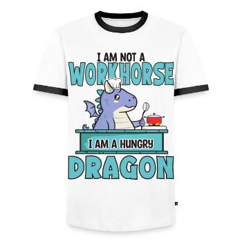 Ich bin kein Arbeitstier, kein hungriger Drache - Männer Kontrast-T-Shirt - Weiß/Schwarz - Vorne - AI Model Female 172 light (172cm) & AI Model Male 178 dark (178cm)