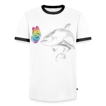 Orque, baleine, papillons, animal, fleur, illustration - T-shirt contrasté Homme - blanc/noir - Devant - AI Model Female 172 light (172cm) & AI Model Male 178 dark (178cm)