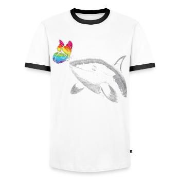 Orque, baleine, papillons, animaux, fleurs, illustration - T-shirt contrasté Homme - blanc/noir - Devant - AI Model Female 172 light (172cm) & AI Model Male 178 dark (178cm)