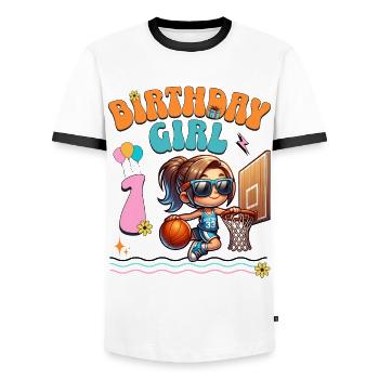 basket-ball 1er anniversaire fille basketteur - T-shirt contrasté Homme - blanc/noir - Devant - AI Model Female 172 light (172cm) & AI Model Male 178 dark (178cm)