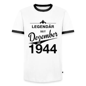 80th birthday Legendary since December 1944 - Men's Ringer Shirt - white/black - Front - AI Model Female 172 light (172cm) & AI Model Male 178 dark (178cm)
