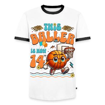 Basketball 14th Birthday Children's Birthday Party - Men's Ringer Shirt - white/black - Front - AI Model Female 172 light (172cm) & AI Model Male 178 dark (178cm)