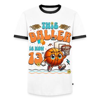 Basketball 13th Birthday Children's Birthday Party - Men's Ringer Shirt - white/black - Front - AI Model Female 172 light (172cm) & AI Model Male 178 dark (178cm)
