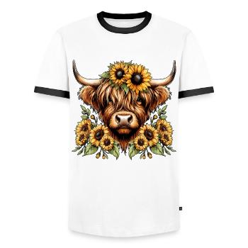 Schottisches Hochlandrind Sonnenblume - Männer Kontrast-T-Shirt - Weiß/Schwarz - Vorne - AI Model Female 172 light (172cm) & AI Model Male 178 dark (178cm)