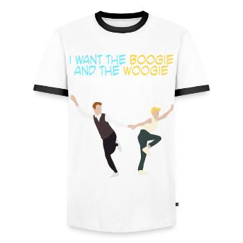 Boogie Woogie Swing Music Dancing - Men's Ringer Shirt - white/black - Front - AI Model Female 172 light (172cm) & AI Model Male 178 dark (178cm)