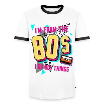 80s Retro Disco 1980 - Men's Ringer Shirt - white/black - Front - AI Model Female 172 light (172cm) & AI Model Male 178 dark (178cm)