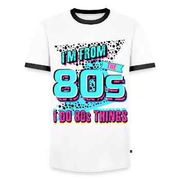 Fête des années 80 1980 - T-shirt contrasté Homme - blanc/noir - Devant - AI Model Female 172 light (172cm) & AI Model Male 178 dark (178cm)